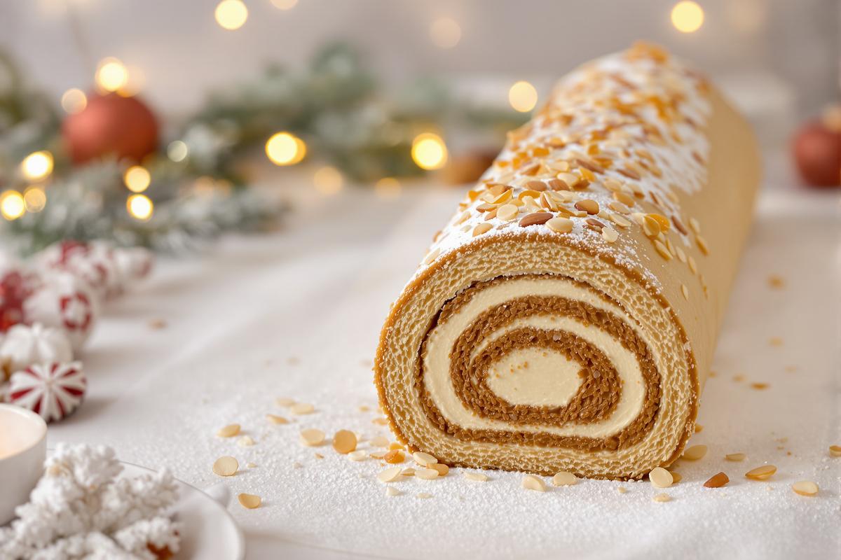 Bûche roulée de Noël façon Philippe Etchebest : praliné maison, ganache montée, et croustillant d’amandes en robe dorée.jpg