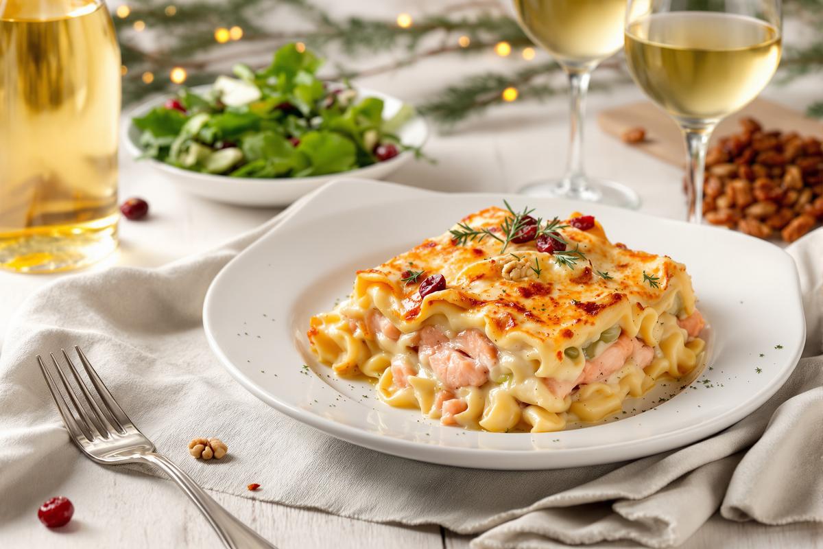 Ces lasagnes de Noel ne font pas dans la demi-mesure : des poireaux fondus, du saumon tendre, de la crème et du vin blanc.jpg